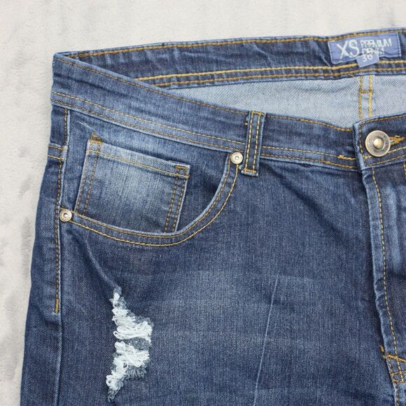 XS Premium Denim Pants Mens 36 Blue Mid Rise Straight Leg Distressed Jeans - Picture 10 of 16